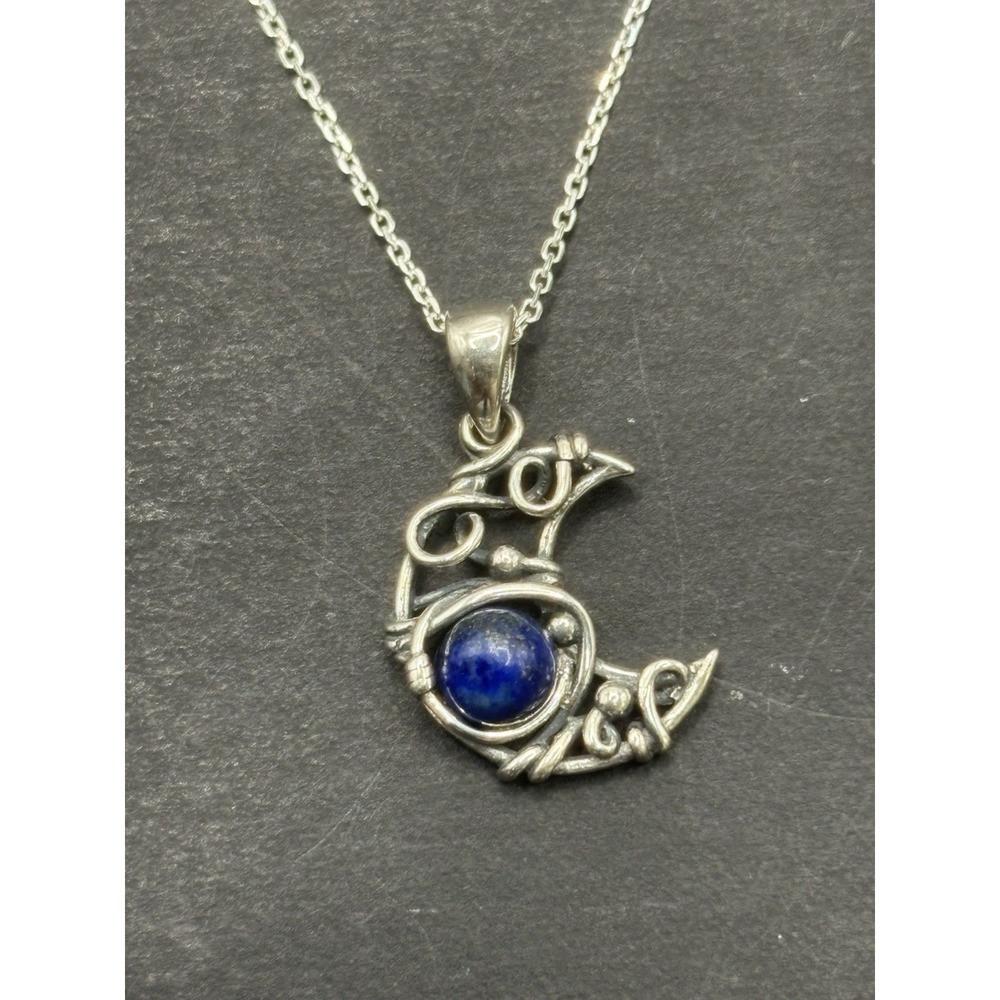 18" New Condition Sterling Silver Lapis Artisan Crescent Moon Pendant Necklace